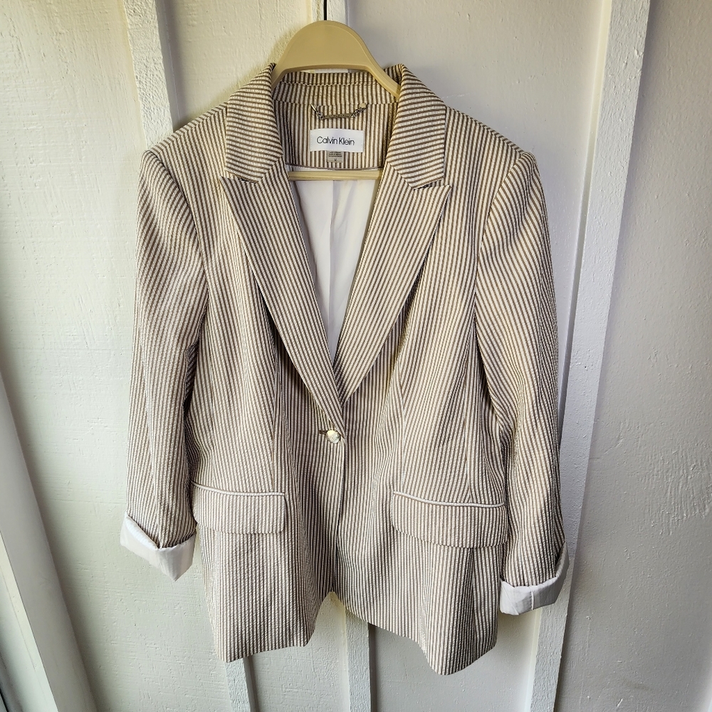 Calvin Klein Cream and Beige Pinstripe Blazer